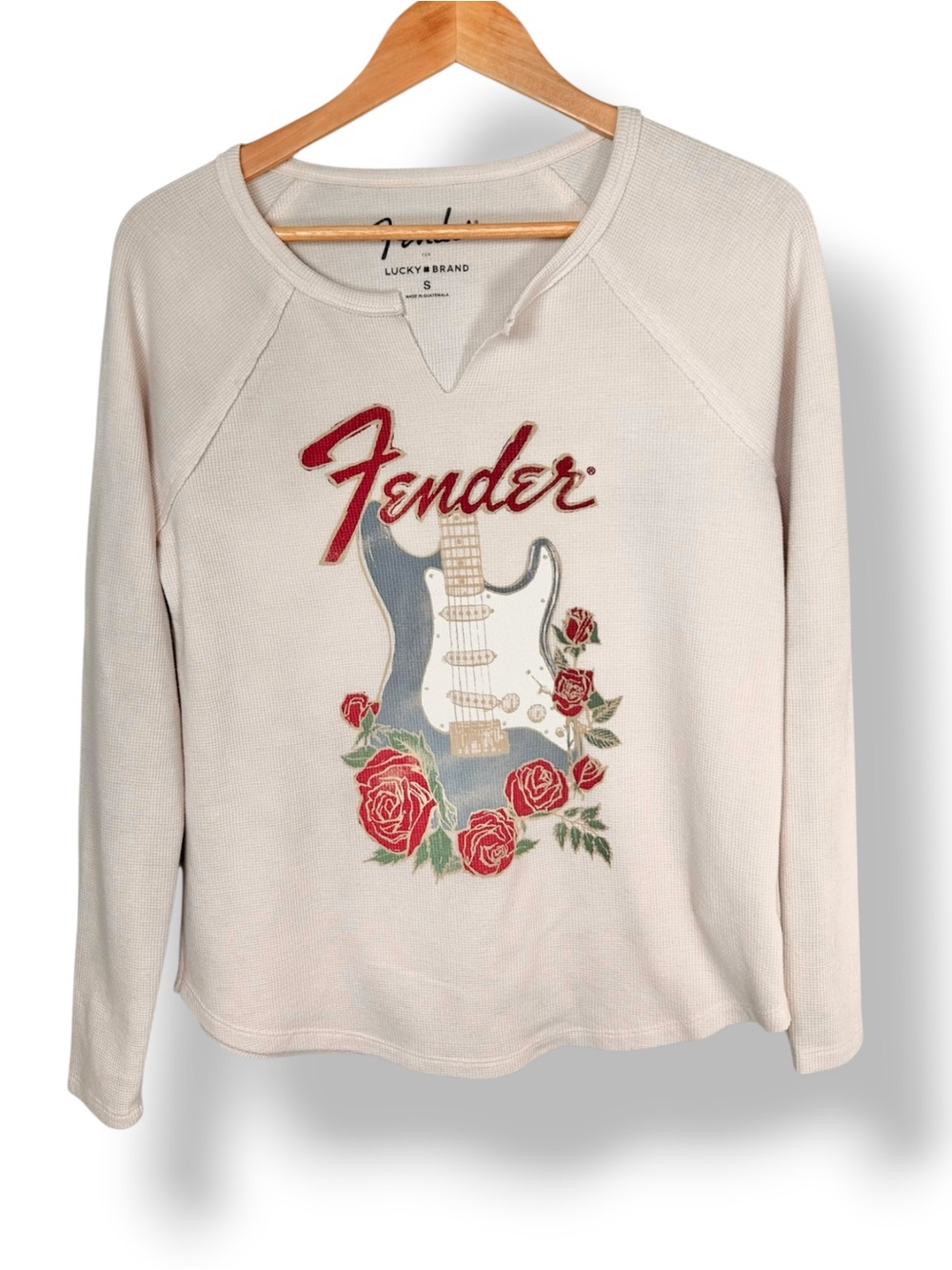 4/$20 Lucky Brand Fender Graphic Thermal Waffle Knit Top Small Rock Band Tee - Picture 2 of 5